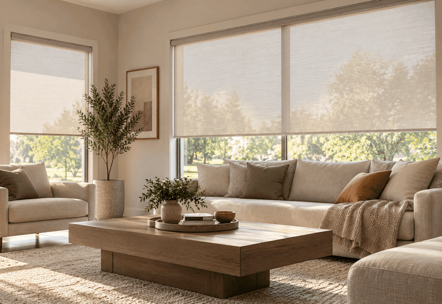 Light-filtering shades in a living room