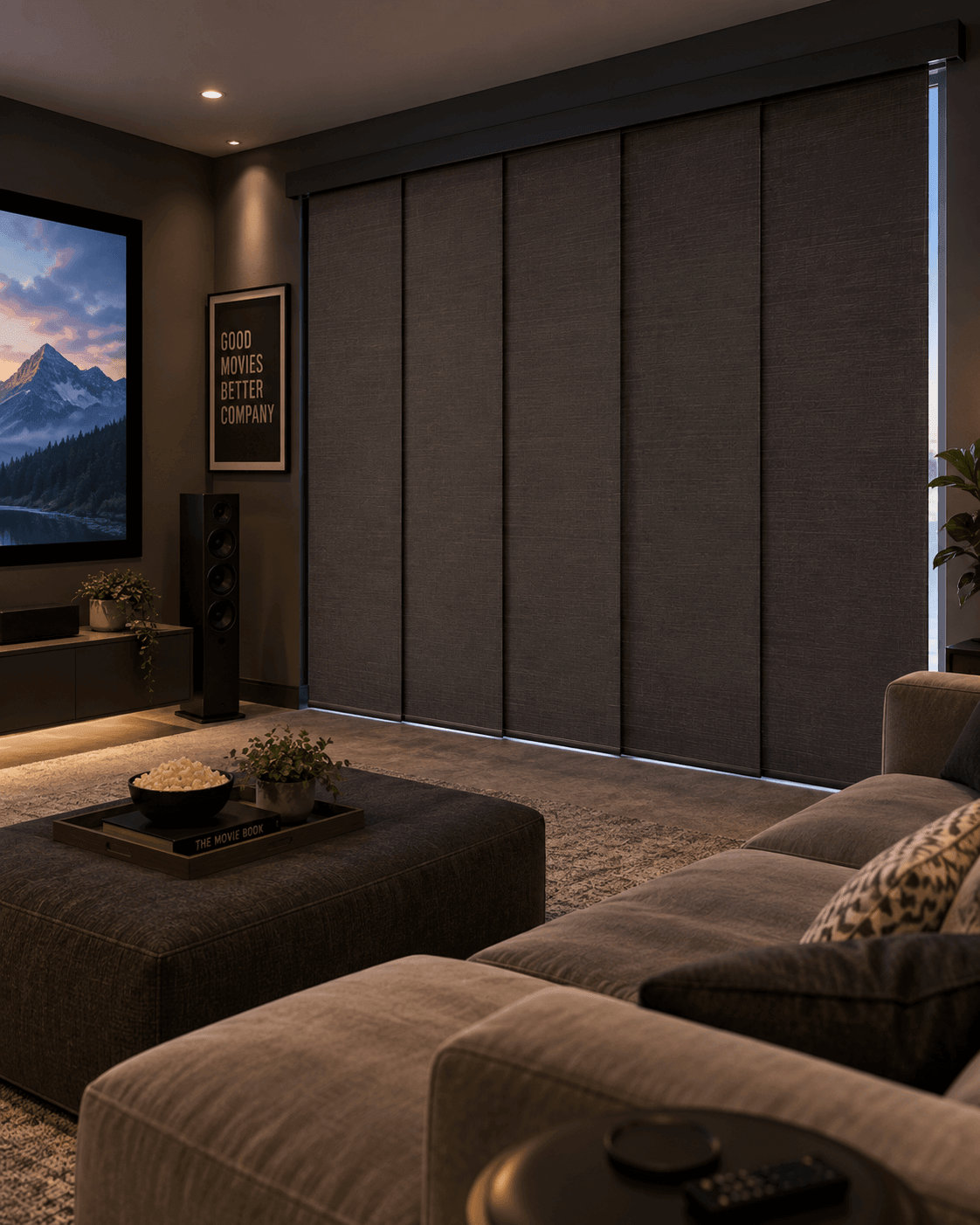 Panel track blinds darkening a media room wall