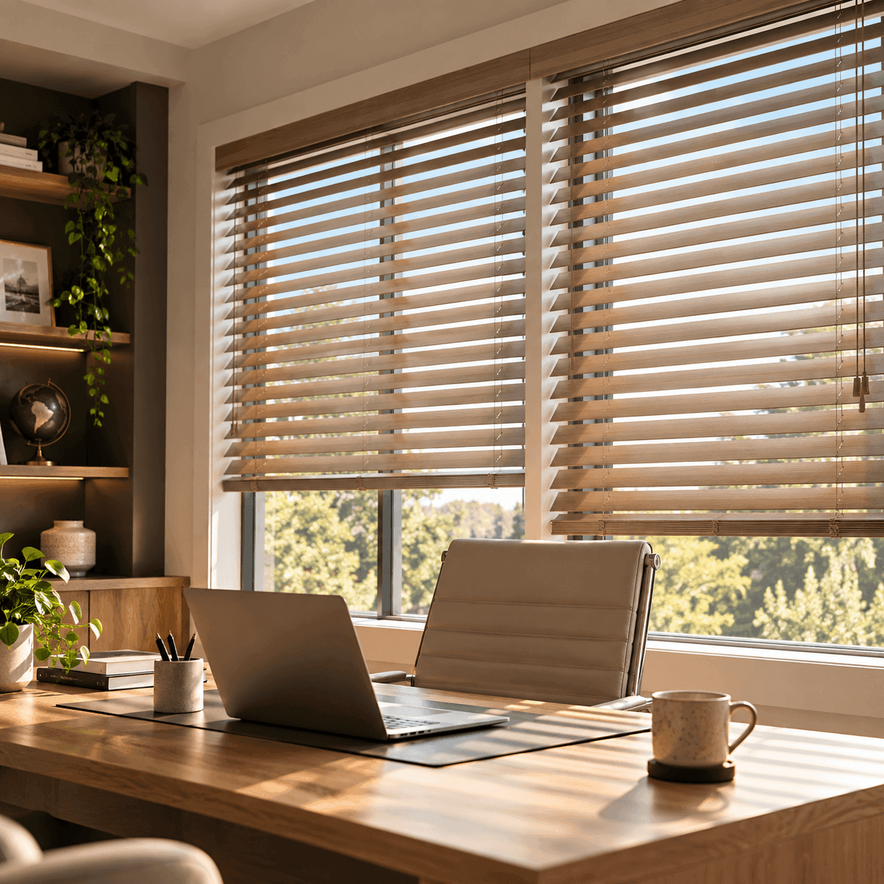Blinds in a home office, glare controlled on a desk