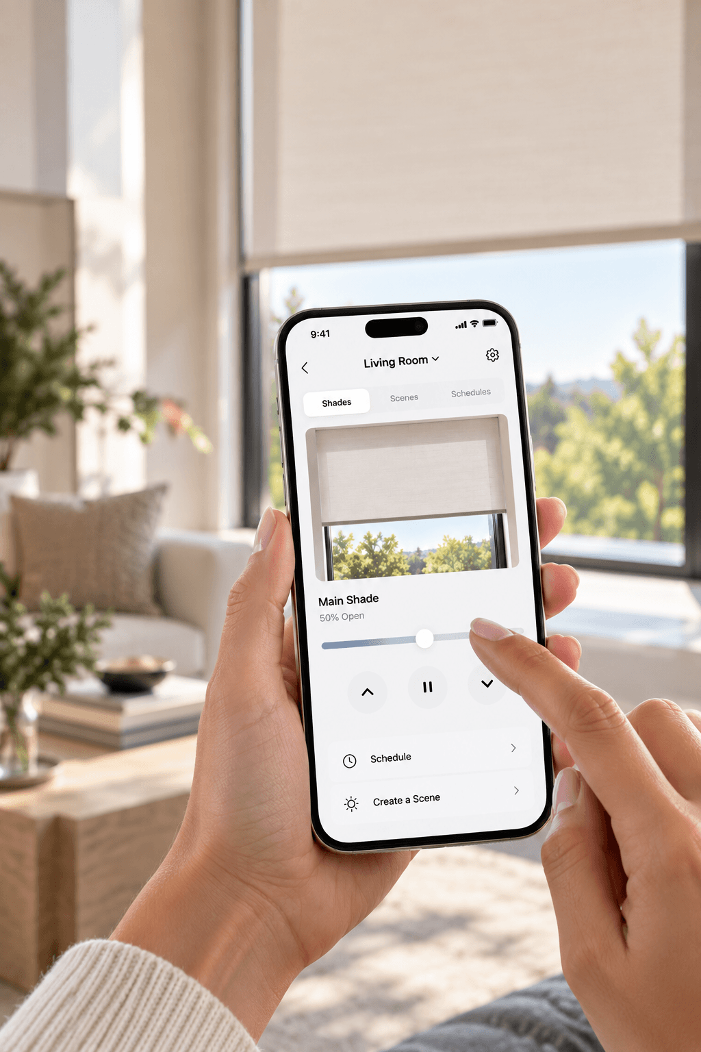 Wall-mounted remote next to a living room window
