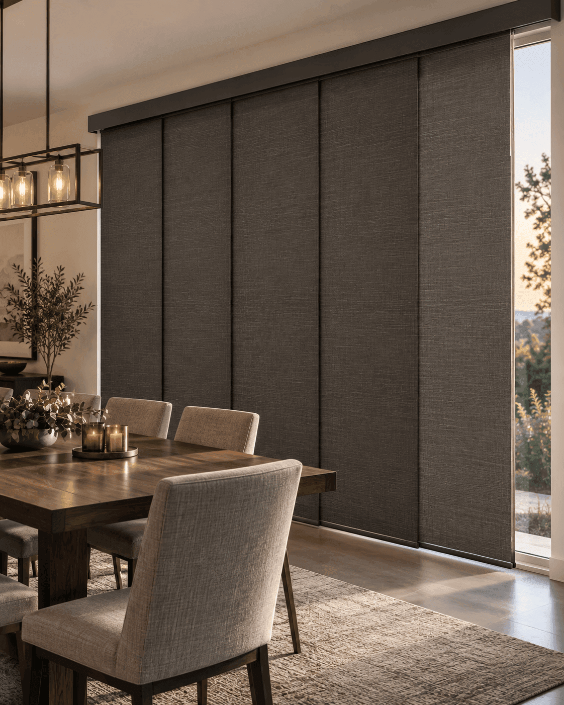 Panel track blinds across a wide picture window
