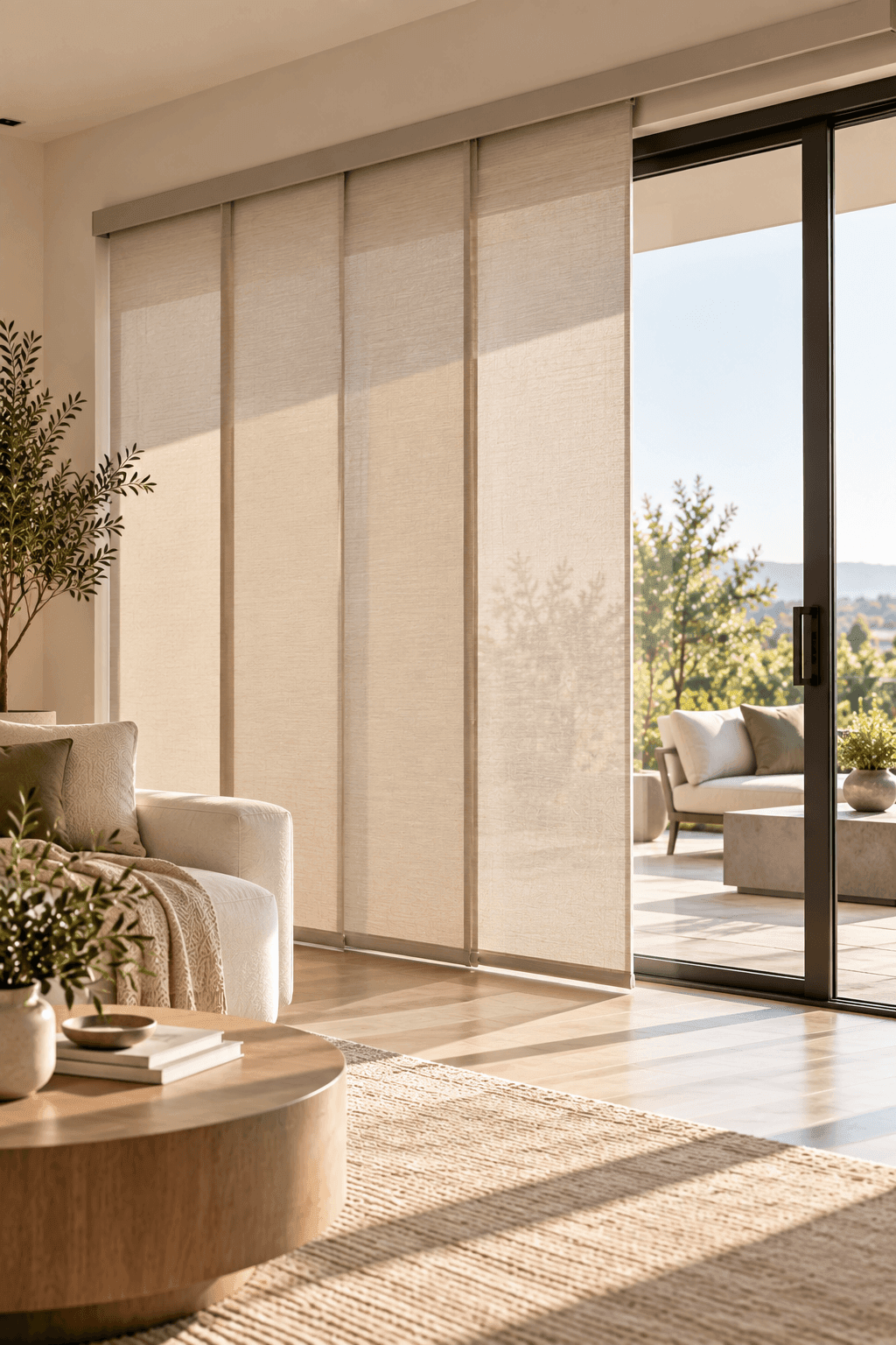 Panel Track Blinds covering a sliding glass door