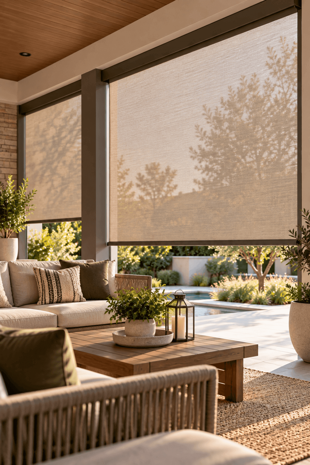 Patio shades lowered on a covered outdoor patio