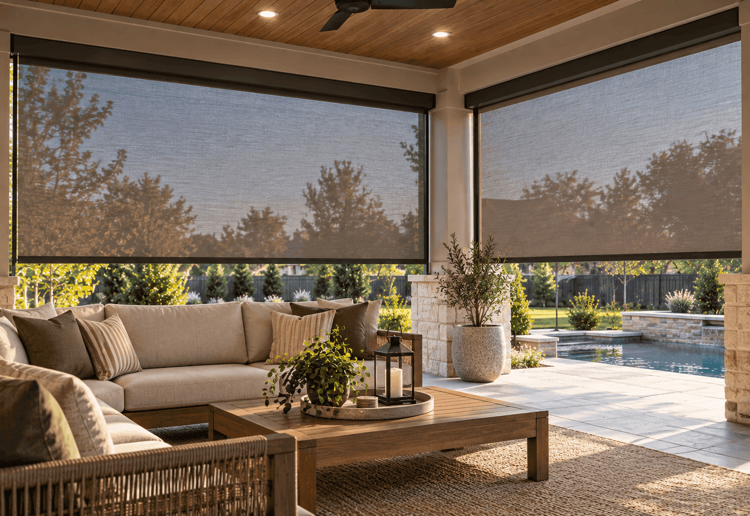 Patio shades on a covered porch