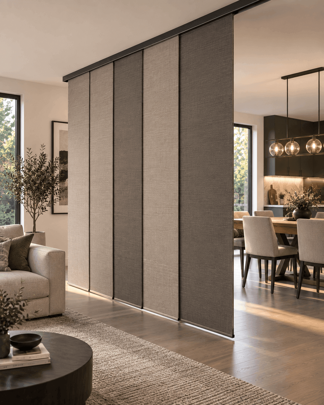 Panel track used as a room divider in an open-plan home