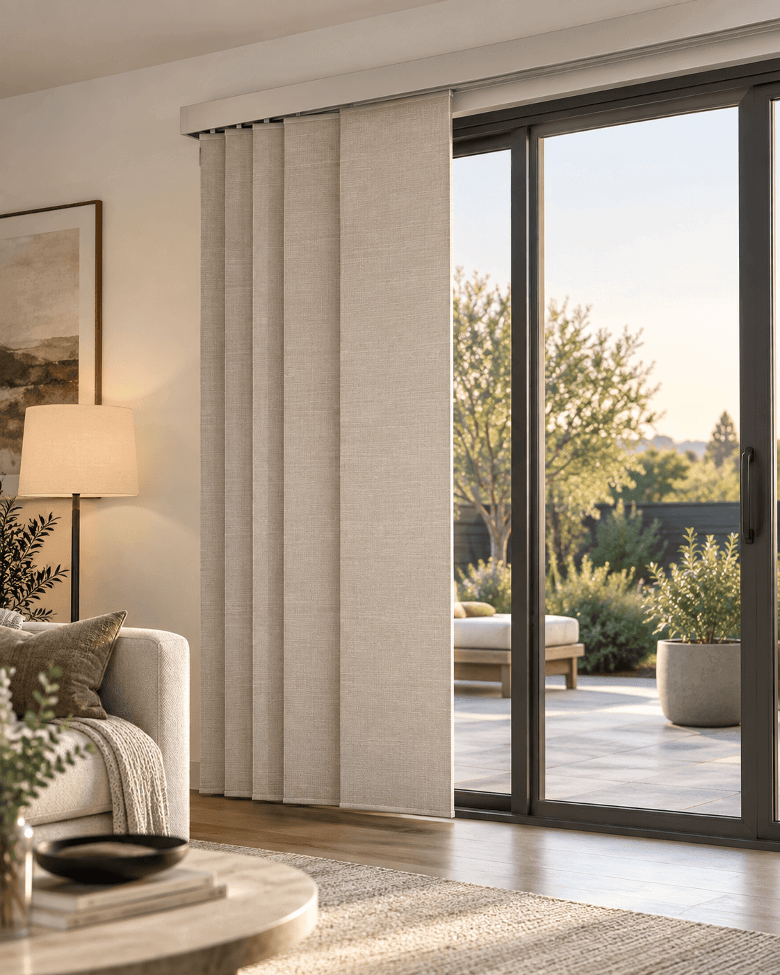 Panel track blinds over a sliding glass door, panels stacked open