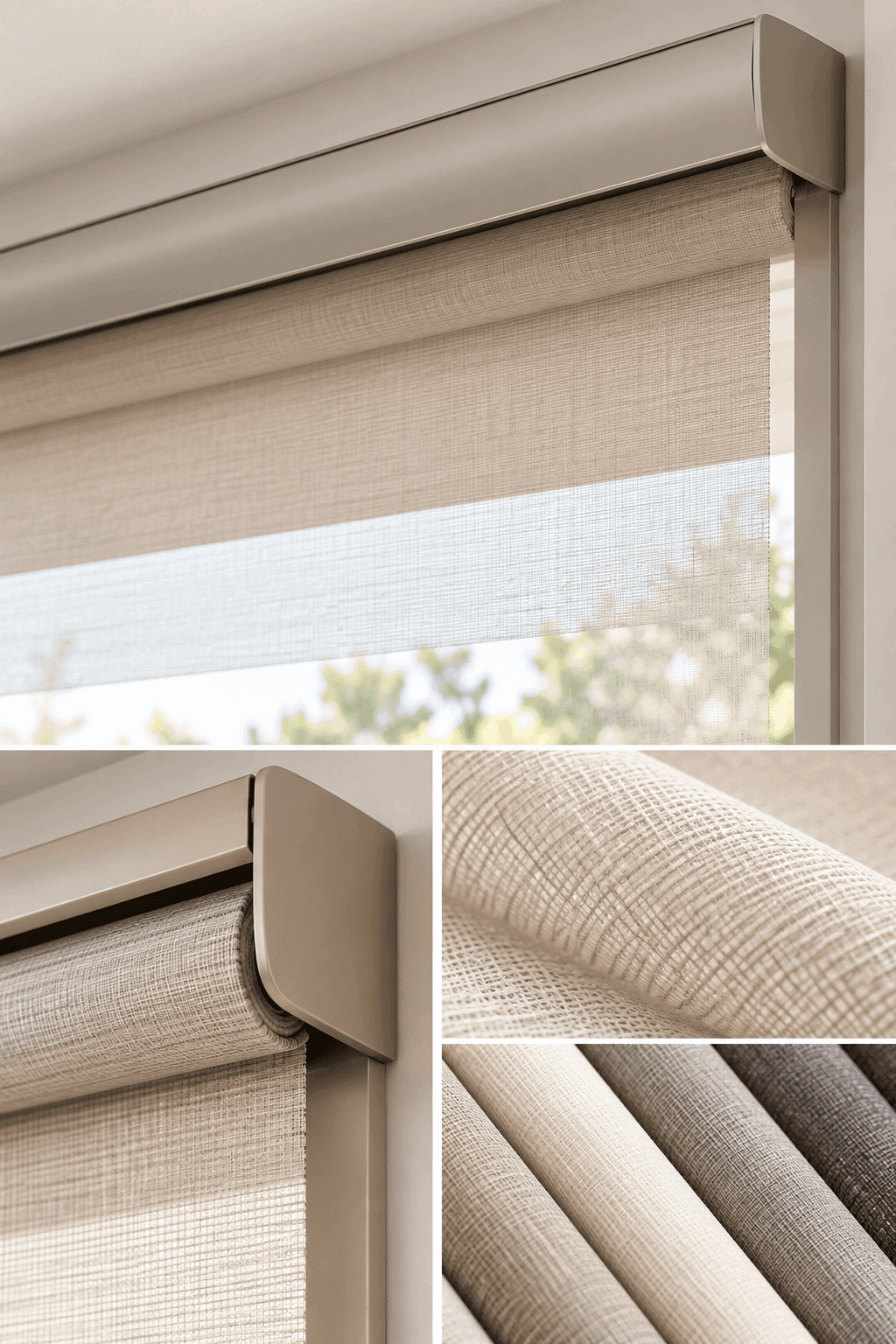 Close-up of shade fabric weaves and a cassette headrail