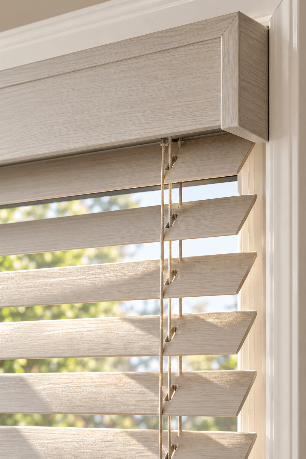 Close-up of a faux wood blind slat, cord route and valance return