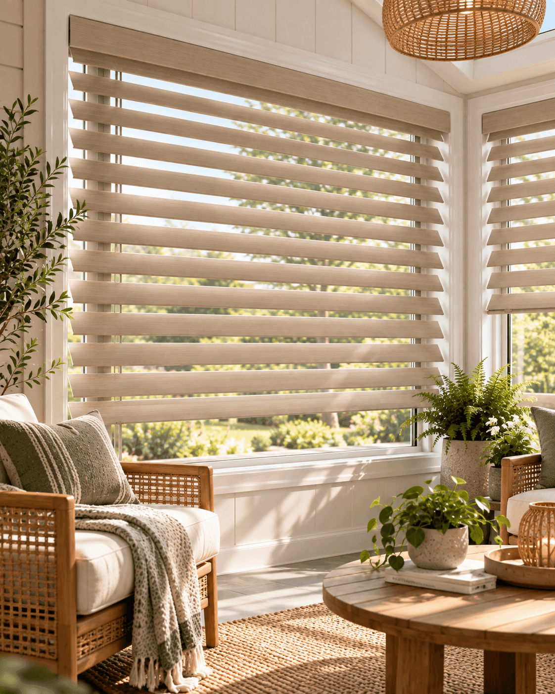 Faux wood blinds in a bright sunroom