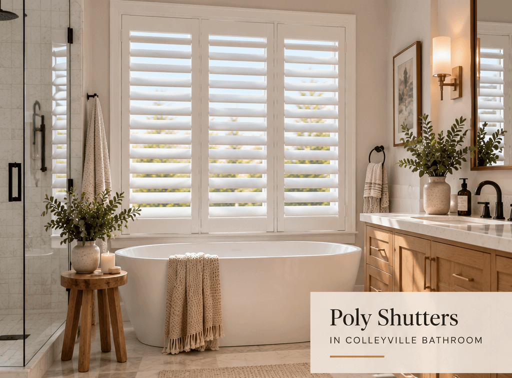 Shutters installed in a Colleyville bathroom and living room