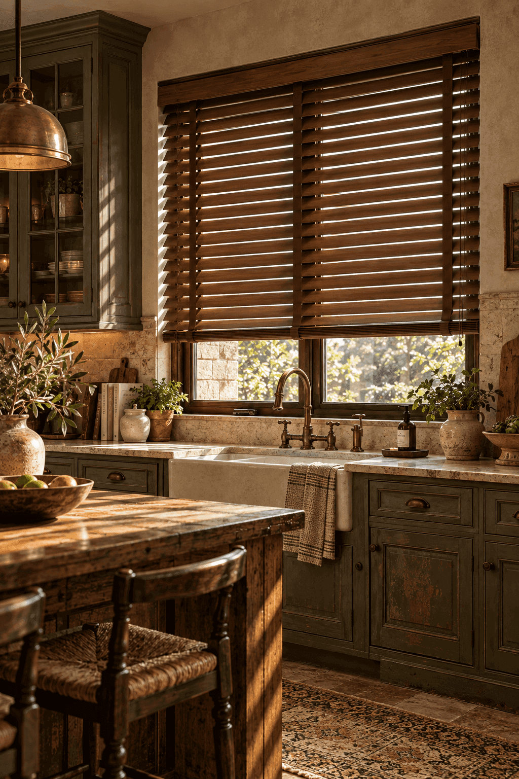 Stained wood blinds installed in a Richardson kitchen