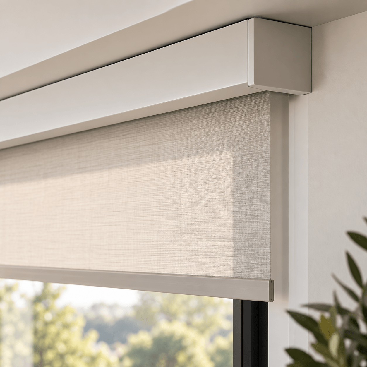 Motorized shades raised in a Frisco living room
