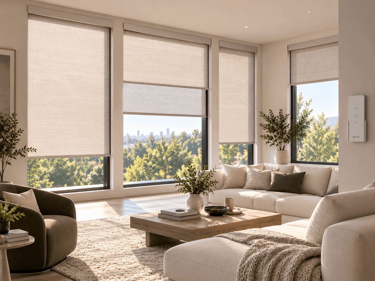 Living room with several shades set to different heights