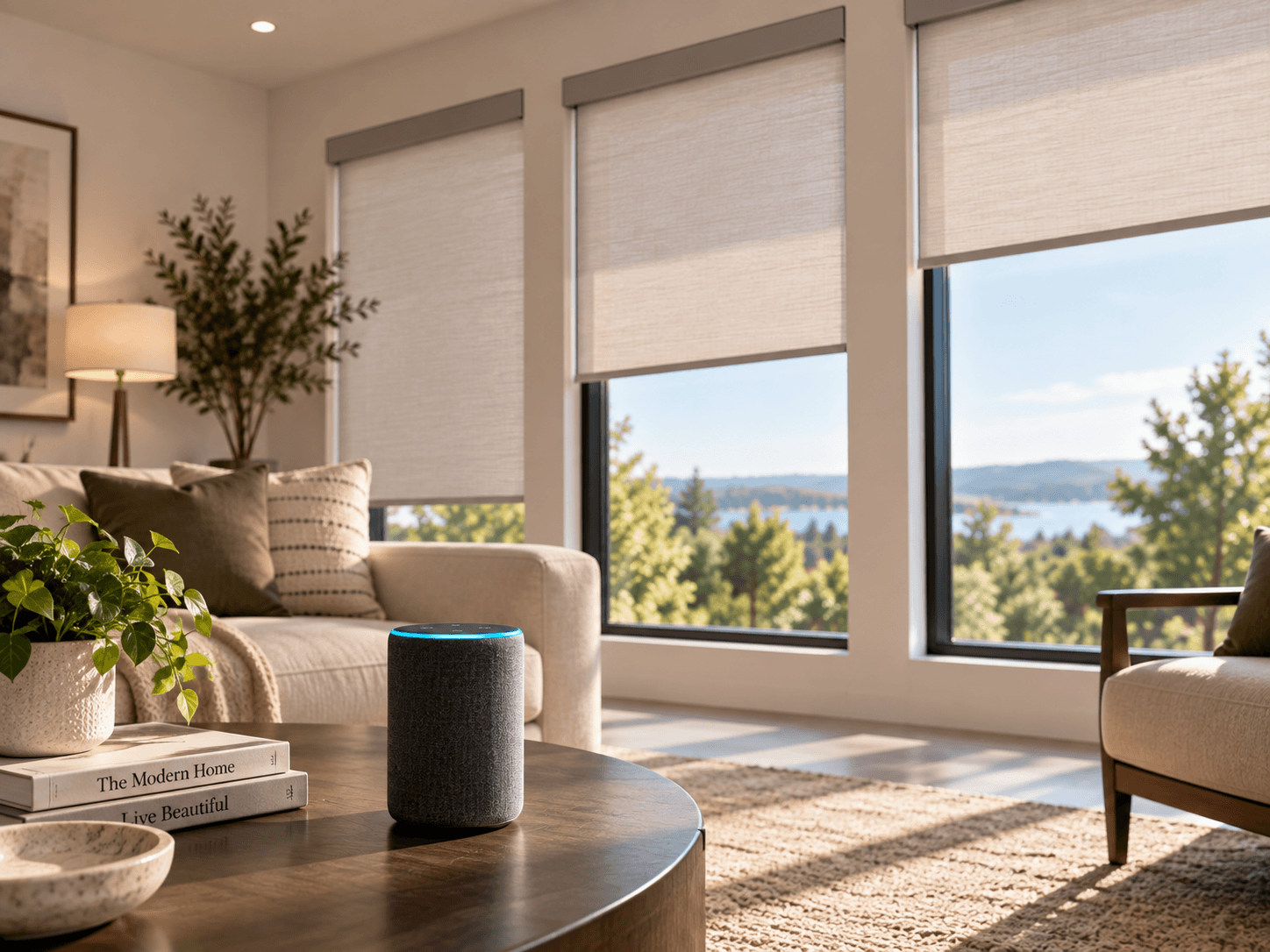 Smart speaker near a window with motorized shades