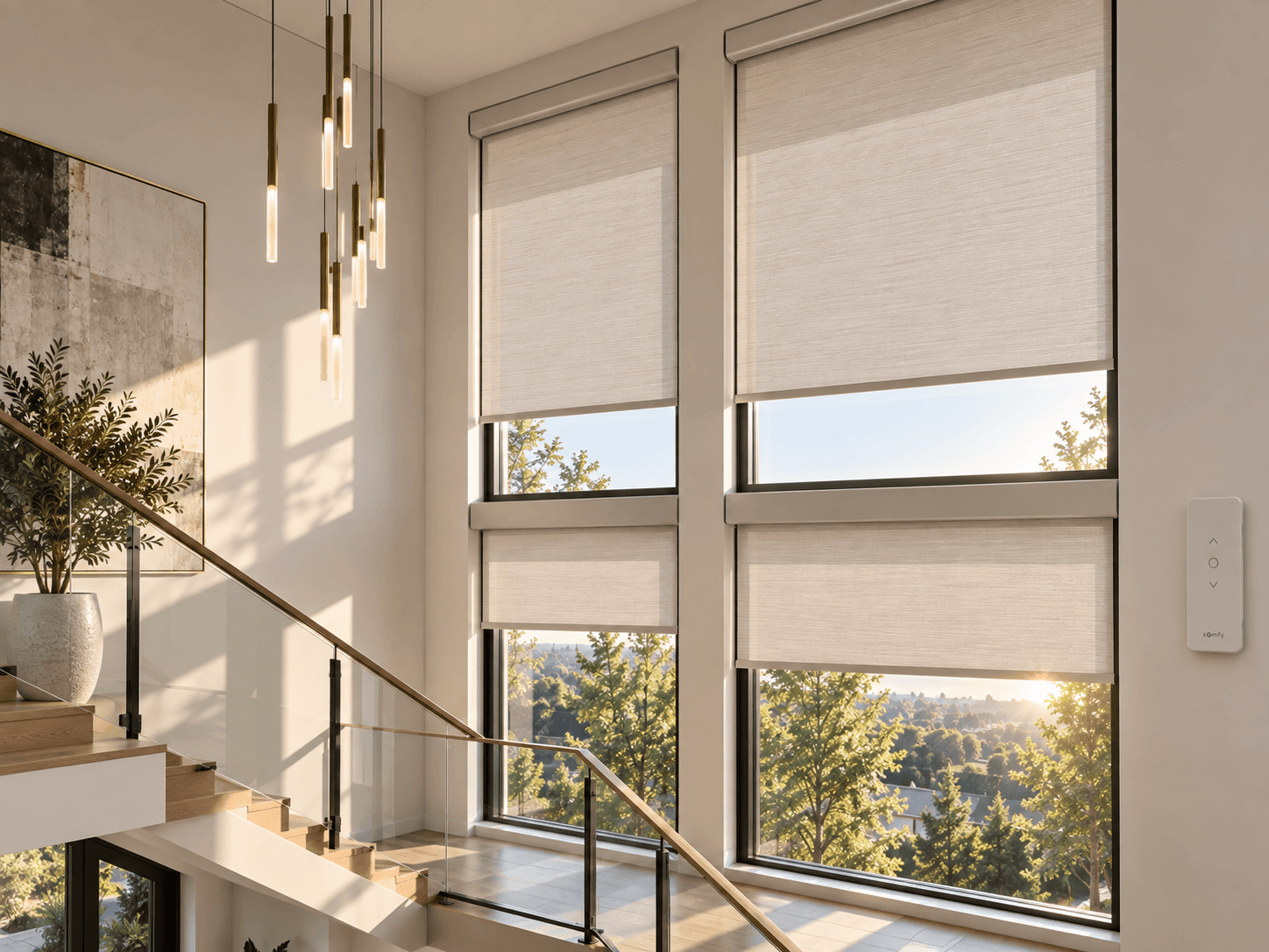 Motorized shades on a tall stairwell window