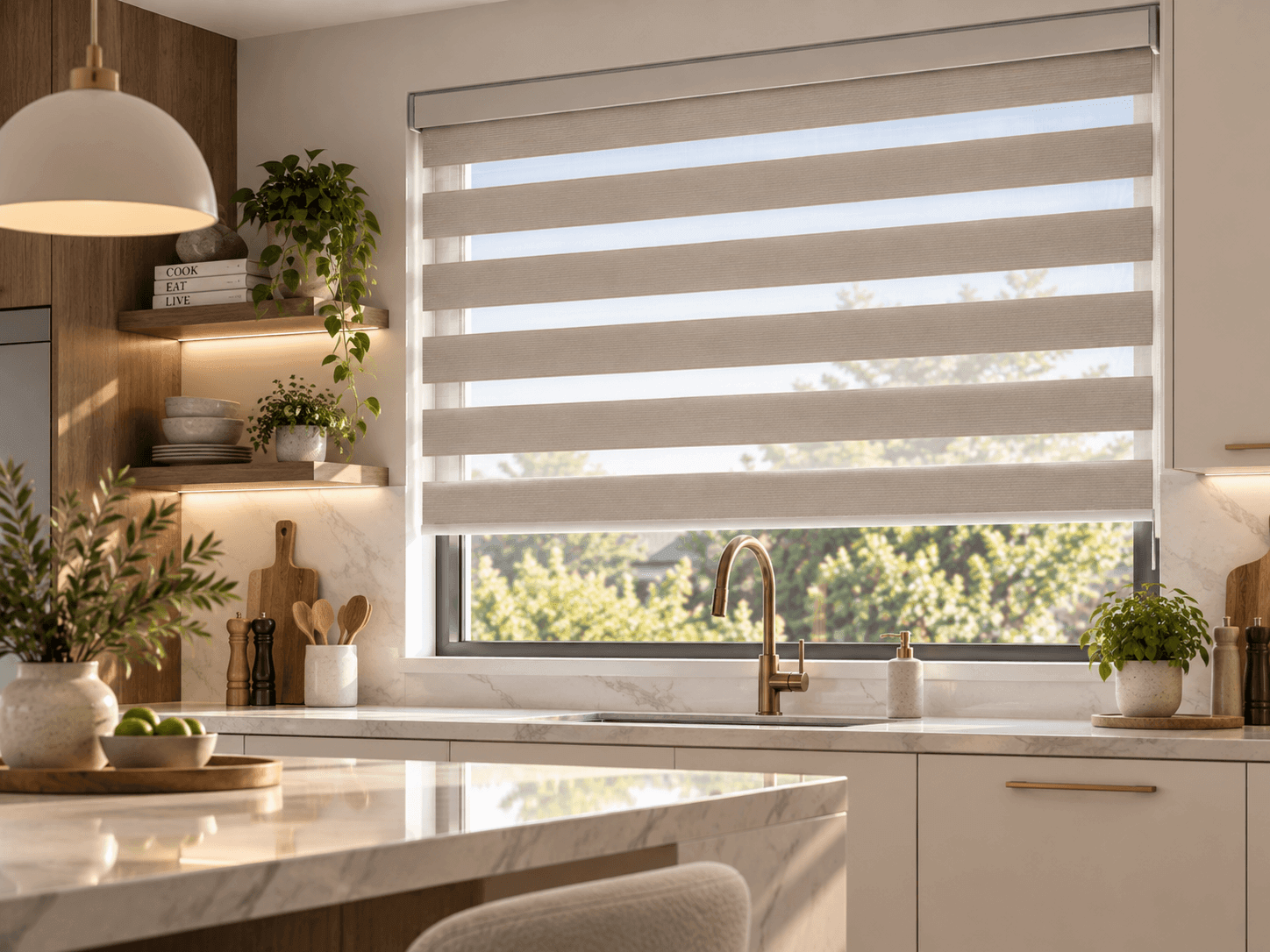 Zebra blinds above a kitchen sink