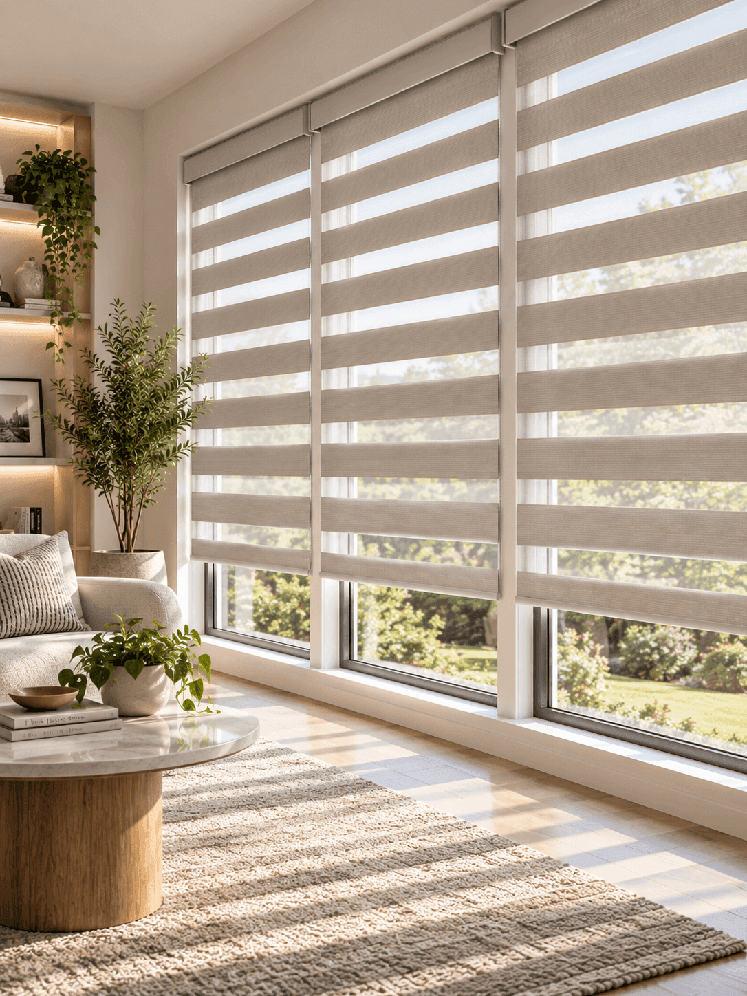 Zebra blinds across a two-storey window wall