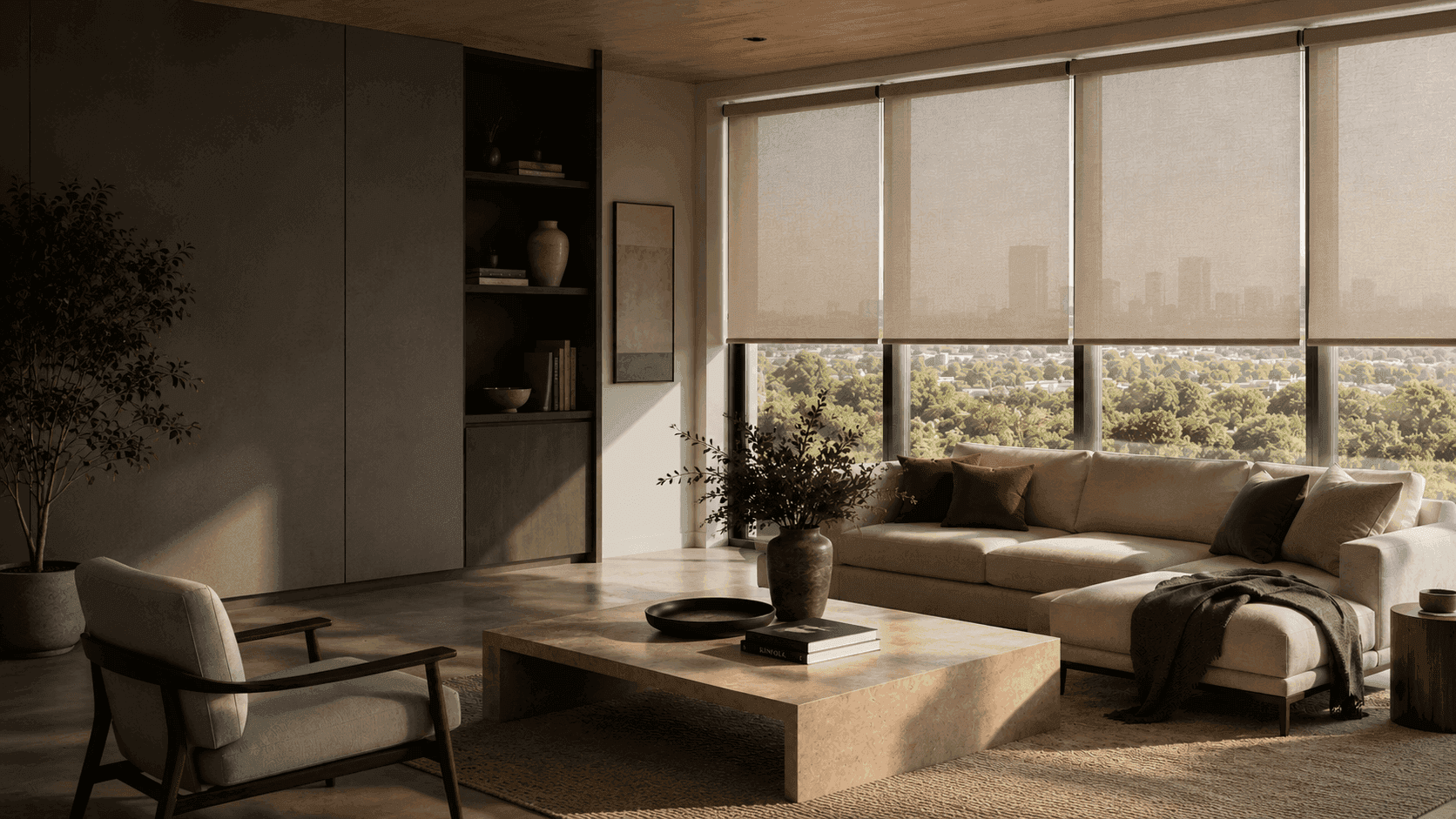 Contemporary Dallas living room with custom window treatments
